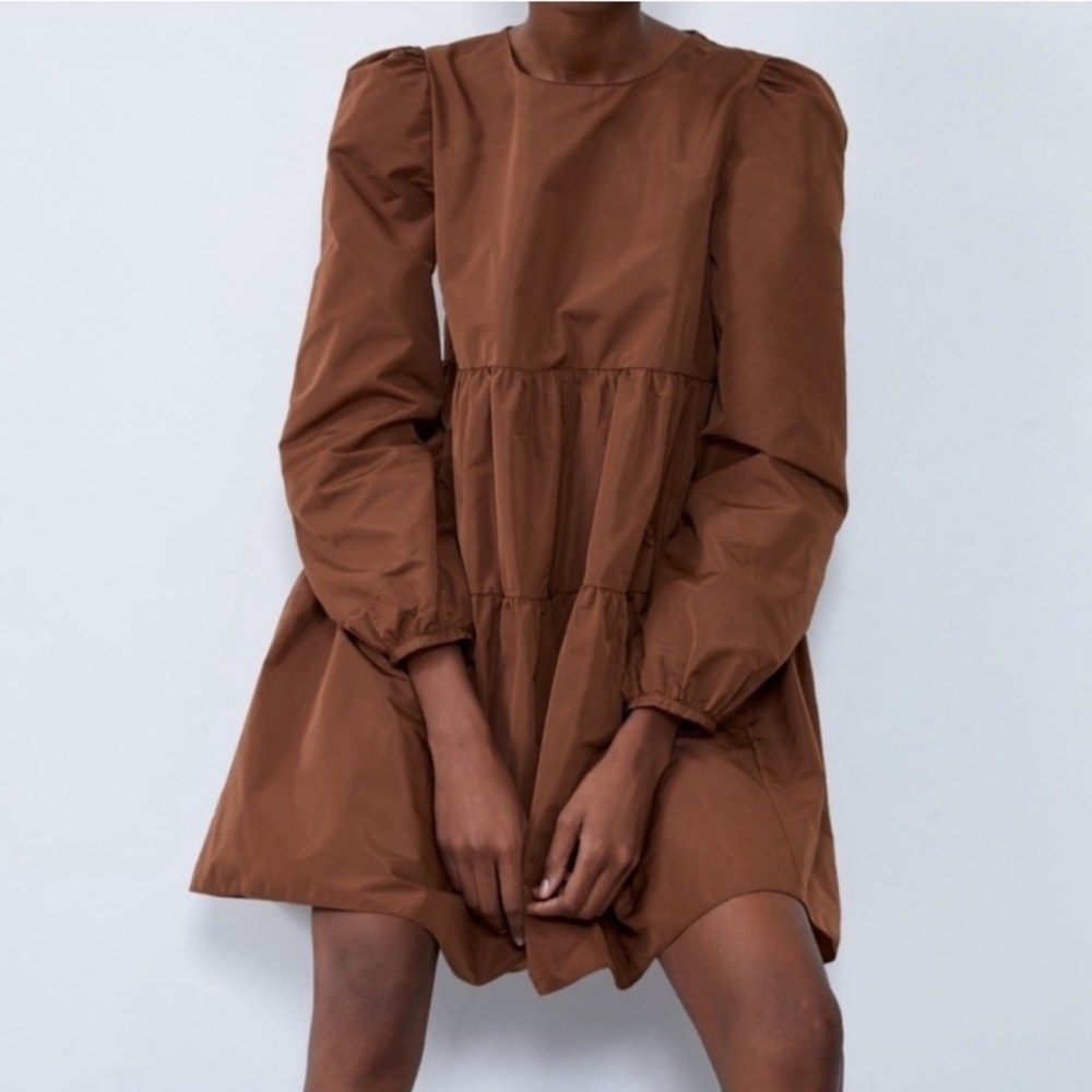 Zara Woman Voluminous Taffeta Brown Mini Dress XS